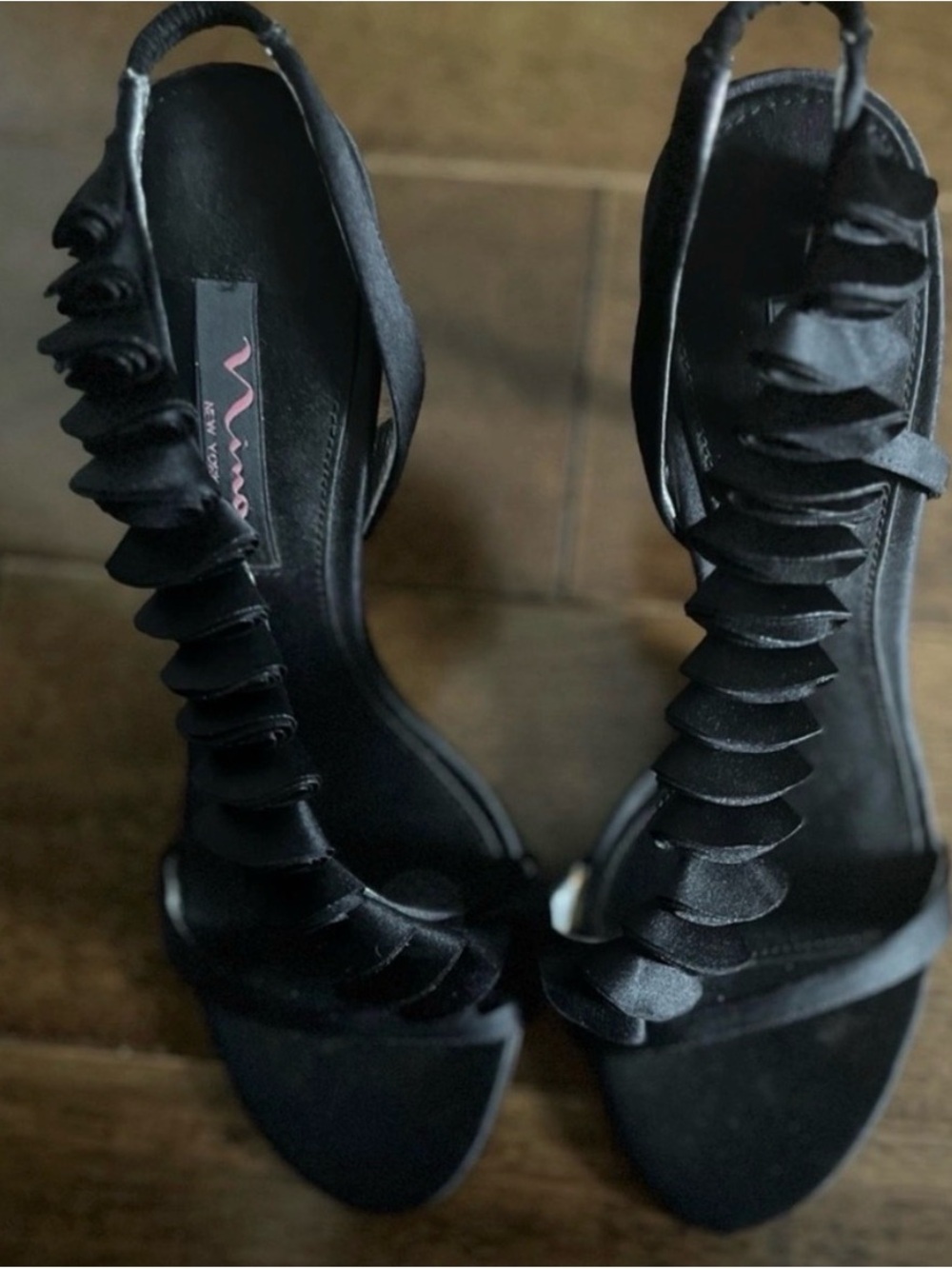 Nina Black Ruffle Slingback Heels